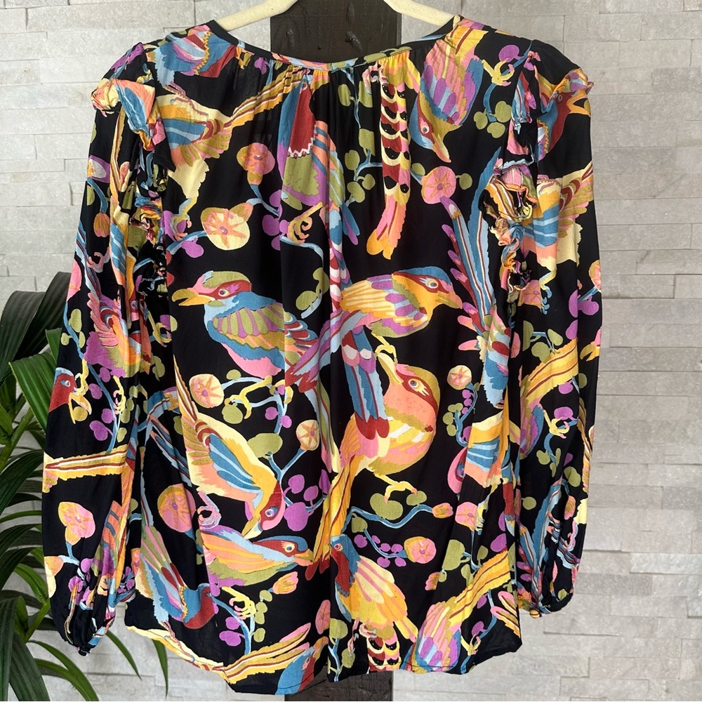 BANJANAN Elise Tropical Floral Bird Multicolor Viscose Blouse Size M - Picture 9 of 9
